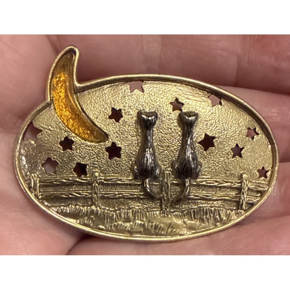 Vintage 1928 Gold Tone Cat Pin Brooch-2 Cats Sitting On A Fence-Moon Light
